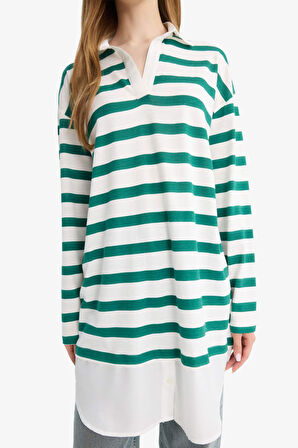 Regular Fit Polo Yaka Çizgili Uzun Kollu Sweatshirt Tunik 