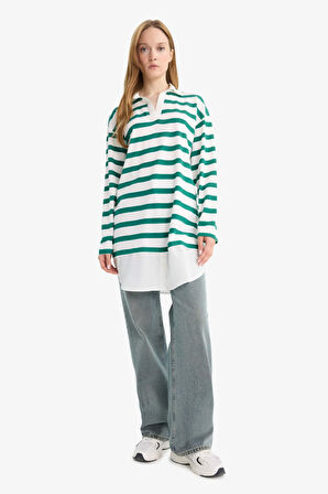 Regular Fit Polo Yaka Çizgili Uzun Kollu Sweatshirt Tunik 