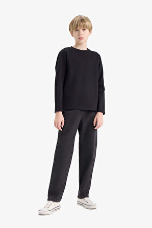 Erkek Çocuk Bisiklet Yaka Basic Düz Uzun Kollu Okul Tişörtü