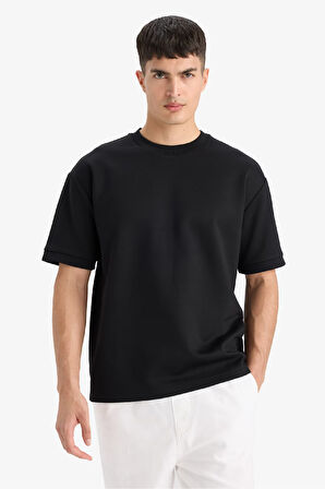 Oversize Geniş Kalıp Bisiklet Yaka Basic Düz Kısa Kollu Siyah Tişört