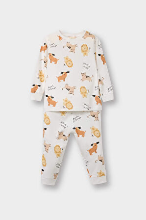 Erkek Bebek Pijama Takımı Hayvan Desenli Uzun Kollu Penye Üst Uzun Alt