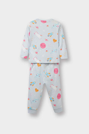 Kız Bebek Pijama Takımı Uzay Baskılı Uzun Kollu Penye Üst Uzun Alt