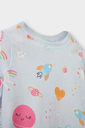 Kız Bebek Pijama Takımı Uzay Baskılı Uzun Kollu Penye Üst Uzun Alt