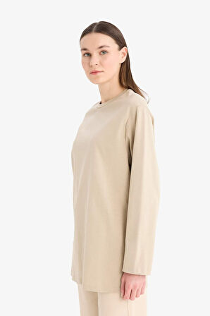 Regular Fit Bisiklet Yaka Basic Düz Uzun Kollu Tişört Tunik