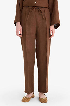 %100 Keten Straight Fit Esnek Belli Cepli Pantolon