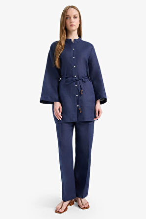 DeFacto %100 Keten Regular Fit Bağcıklı Uzun Kollu Tesettür Gömlek Tunik D4394AX25SMNV31