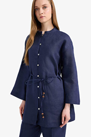 DeFacto %100 Keten Regular Fit Bağcıklı Uzun Kollu Tesettür Gömlek Tunik D4394AX25SMNV31