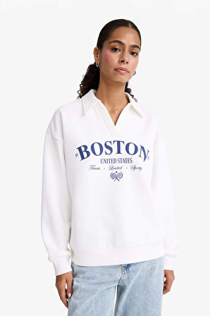 Relax Fit Polo Yaka Baskılı Kalın Sweatshirt
