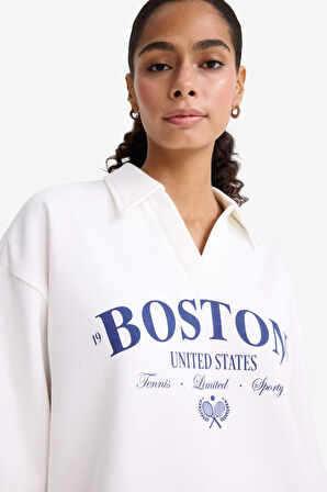 Relax Fit Polo Yaka Baskılı Kalın Sweatshirt