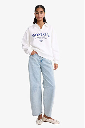 Relax Fit Polo Yaka Baskılı Kalın Sweatshirt