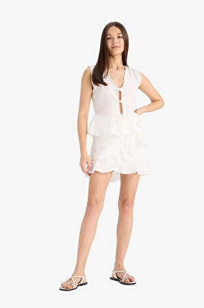 Volanlı Basic Düz Volanlı Keten Mini Etek