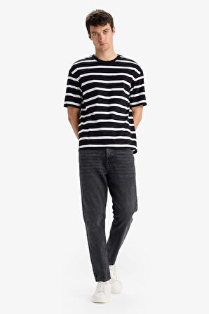 Boxy Fit Bisiklet Yaka Çizgili Kısa Kollu Tişört