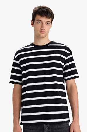 Boxy Fit Bisiklet Yaka Çizgili Kısa Kollu Tişört