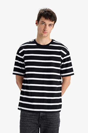 Boxy Fit Bisiklet Yaka Çizgili Kısa Kollu Tişört