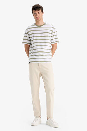 Boxy Fit Bisiklet Yaka Çizgili Kısa Kollu Tişört