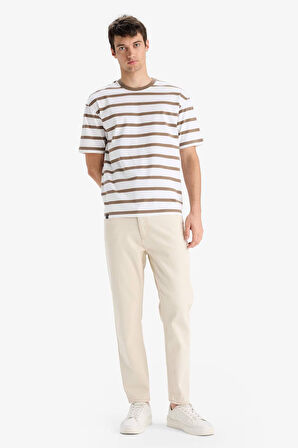 Boxy Fit Bisiklet Yaka Çizgili Kısa Kollu Tişört