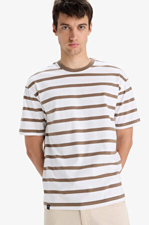 Boxy Fit Bisiklet Yaka Çizgili Kısa Kollu Tişört