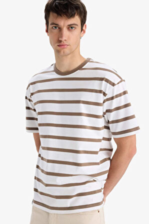 Boxy Fit Bisiklet Yaka Çizgili Kısa Kollu Tişört