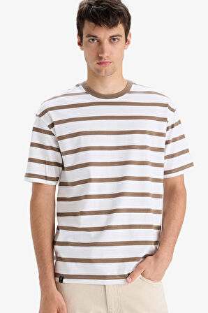 Boxy Fit Bisiklet Yaka Çizgili Kısa Kollu Tişört