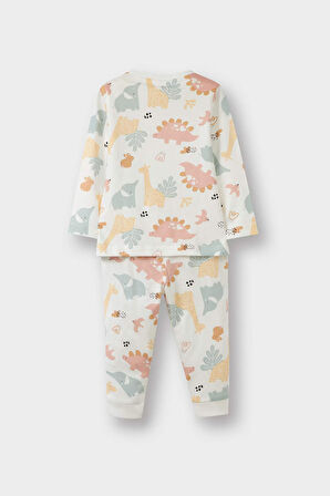 Kız Bebek Pijama Takımı Dinazor Baskılı Uzun Kollu Penye Üst Uzun Alt