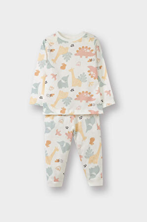 Kız Bebek Pijama Takımı Dinazor Baskılı Uzun Kollu Penye Üst Uzun Alt
