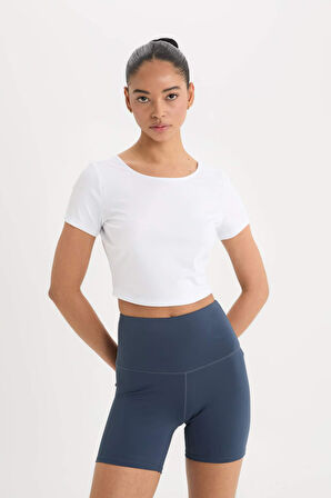 DeFactoFit Crop Top Bisiklet Yaka Sporcu Kısa Kollu Beyaz Tişört E2663AX25SMWT34