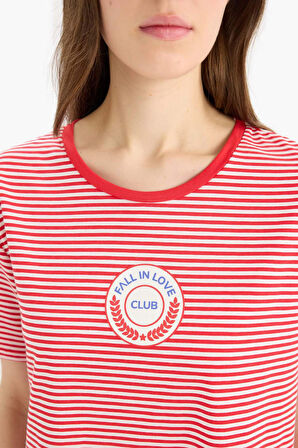 Çizgili Bisiklet Yaka Kısa Kollu Gecelik-Fall in Love