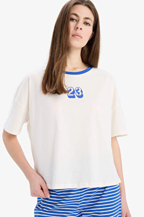 DeFacto Pijama Takımı Kısa Kollu Pijama Üstü Esnek Belli Uzun Pijama Altı-Fall in Love E7181AX25SPBE46