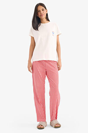 DeFacto Pijama Takımı Kısa Kollu Üst Esnek Belli Kareli Uzun Altı-Fall in Love E4822AX25SPRD227