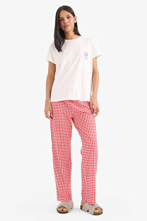 DeFacto Pijama Takımı Kısa Kollu Üst Esnek Belli Kareli Uzun Altı-Fall in Love E4822AX25SPRD227