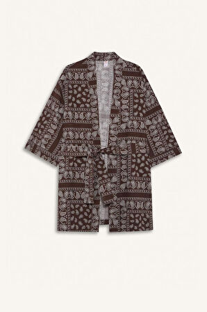 Regular Fit Desenli Kuşaklı Pamuklu Kimono-Fall in Love