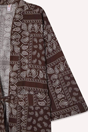 Regular Fit Desenli Kuşaklı Pamuklu Kimono-Fall in Love