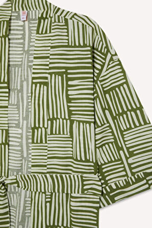 Regular Fit Desenli Kuşaklı Pamuklu Kimono-Fall in Love