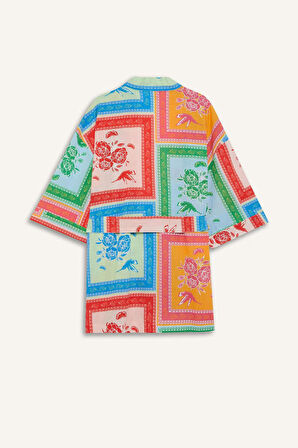 Regular Fit Desenli Kuşaklı Pamuklu Kimono-Fall in Love
