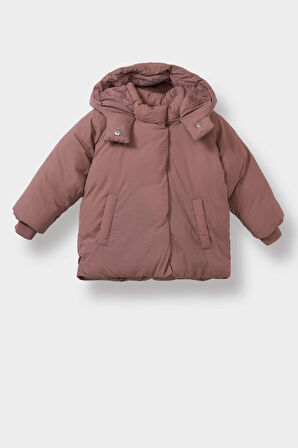 Kız Bebek Kapüşonlu Cepli Çıtçıtlı Fermuarlı Şişme Mont