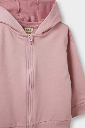 Kız Bebek Kapüşonlu İçi Yumuşak Tüylü Fermuarlı Sweatshirt 