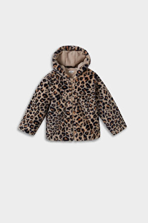 Kız Bebek Kapüşonlu Leopar Desenli Fermuarlı Pelüş Mont