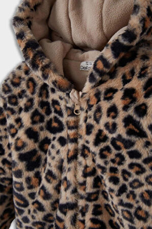 Kız Bebek Kapüşonlu Leopar Desenli Fermuarlı Pelüş Mont