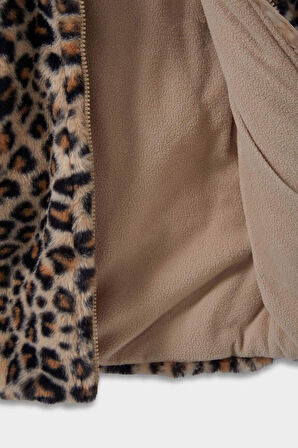 Kız Bebek Kapüşonlu Leopar Desenli Fermuarlı Pelüş Mont