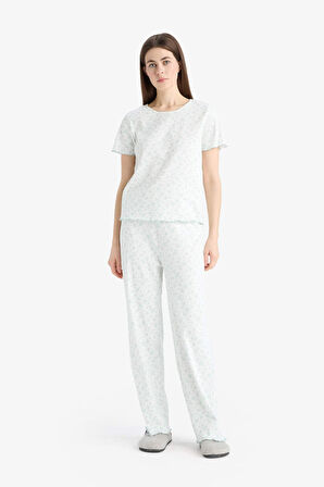 DeFacto Pijama Takımı Ribana Kısa Kollu Pijama Üstü Esnek Belli Uzun Pijama Altı-Fall in Love E6679AX25SPER98