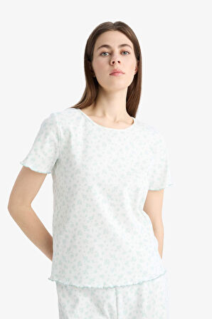 DeFacto Pijama Takımı Ribana Kısa Kollu Pijama Üstü Esnek Belli Uzun Pijama Altı-Fall in Love E6679AX25SPER98