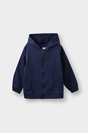 Erkek Bebek Kapüşonlu Basic Düz İçi Yumuşak Tüylü Fermuarlı Sweatshirt 