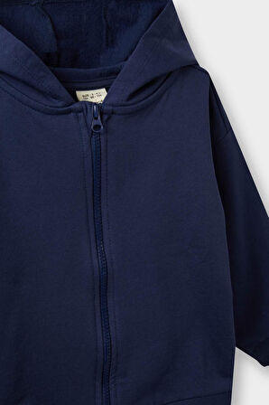 Erkek Bebek Kapüşonlu Basic Düz İçi Yumuşak Tüylü Fermuarlı Sweatshirt 
