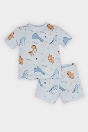 Erkek Bebek Pijama Takımı Dinazor Baskılı Kısa Kollu Penye Üst Beli Lastikli Şort
