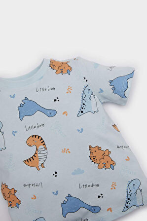 Erkek Bebek Pijama Takımı Dinazor Baskılı Kısa Kollu Penye Üst Beli Lastikli Şort