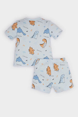 Erkek Bebek Pijama Takımı Dinazor Baskılı Kısa Kollu Penye Üst Beli Lastikli Şort