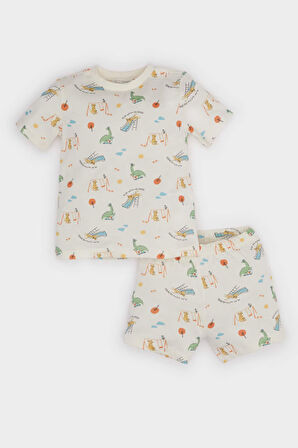 Erkek Bebek Pijama Takımı Dinazor Baskılı Kısa Kollu Penye Üst Beli Lastikli Şort