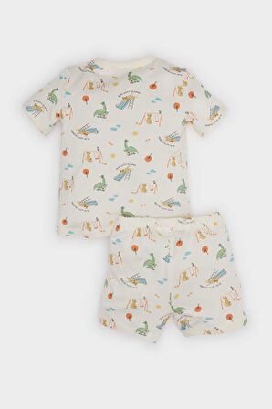 Erkek Bebek Pijama Takımı Dinazor Baskılı Kısa Kollu Penye Üst Beli Lastikli Şort