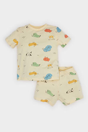 Erkek Bebek Pijama Takımı Desenli Kısa Kollu Penye Üst Beli Lastikli Şort