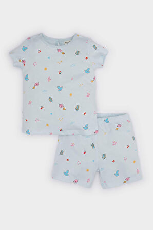 DeFacto Kız Bebek Pijama Takımı Desenli Kısa Kollu Penye Üst Beli Lastikli Şort E9603A525SMBE61
